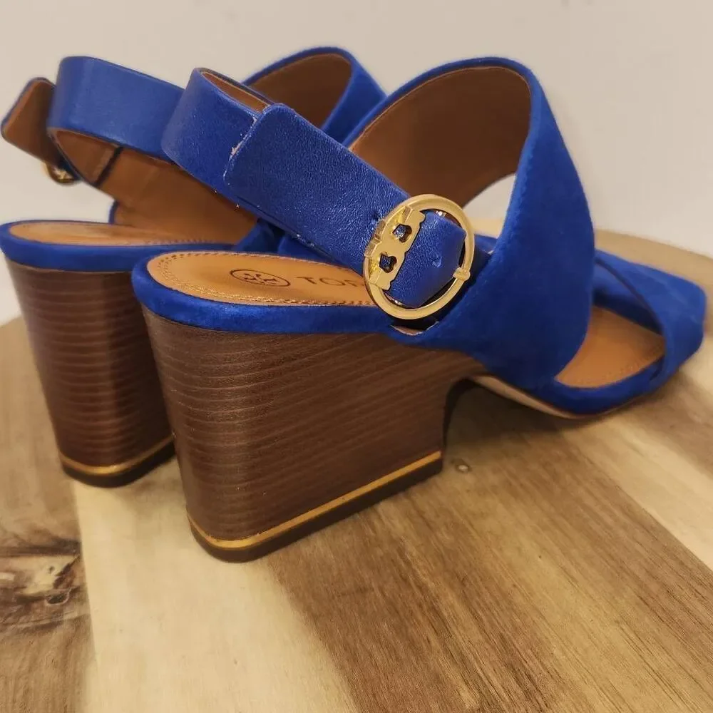 Tory Burch Women's Selby block-heel sandal Blue Suede Size 7.5 M
